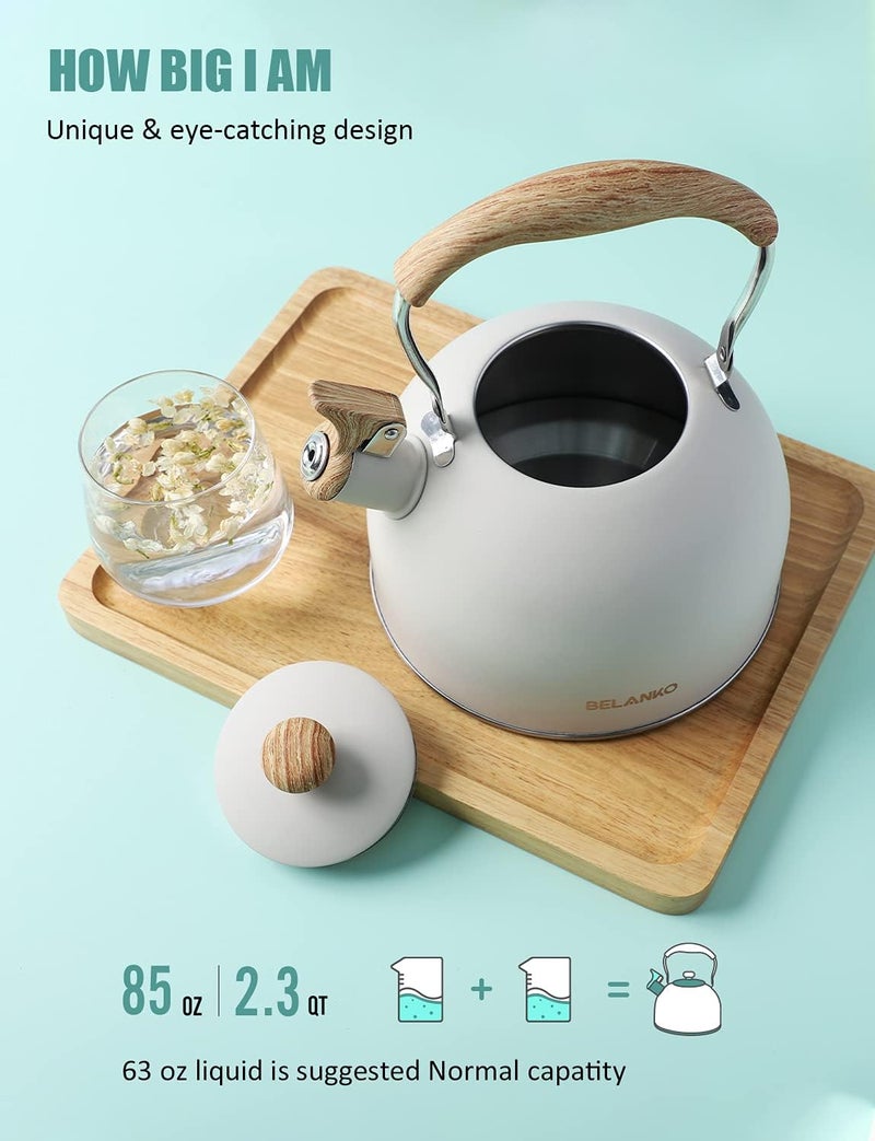 BELANKO Tea Kettle, 85 OZ / 2.5 Liter Whistling Tea Kettle Pots for Stove Top Food Grade Stainless Steel with Wood Pattern Folding Handle, Loud Whistle for Tea, Coffee, Milk - Milk White - Image 3