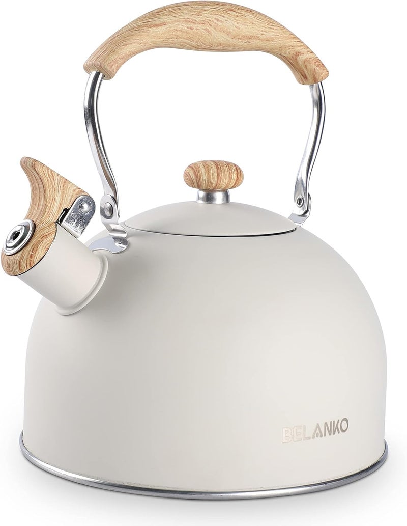 BELANKO Tea Kettle, 85 OZ / 2.5 Liter Whistling Tea Kettle Pots for Stove Top Food Grade Stainless Steel with Wood Pattern Folding Handle, Loud Whistle for Tea, Coffee, Milk - Milk White - Image 1