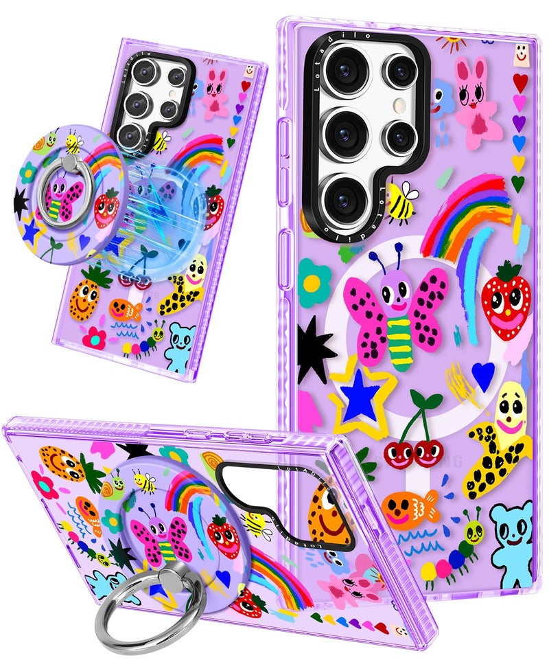 Lotadilo Cute Case for Samsung Galaxy S25 Ultra for Women Girls - Funny Crayon Drawing Design Compatible with Magsafe Magnetic Ring Holder Kickstand Fashion TPU Phone Covers - Image 1