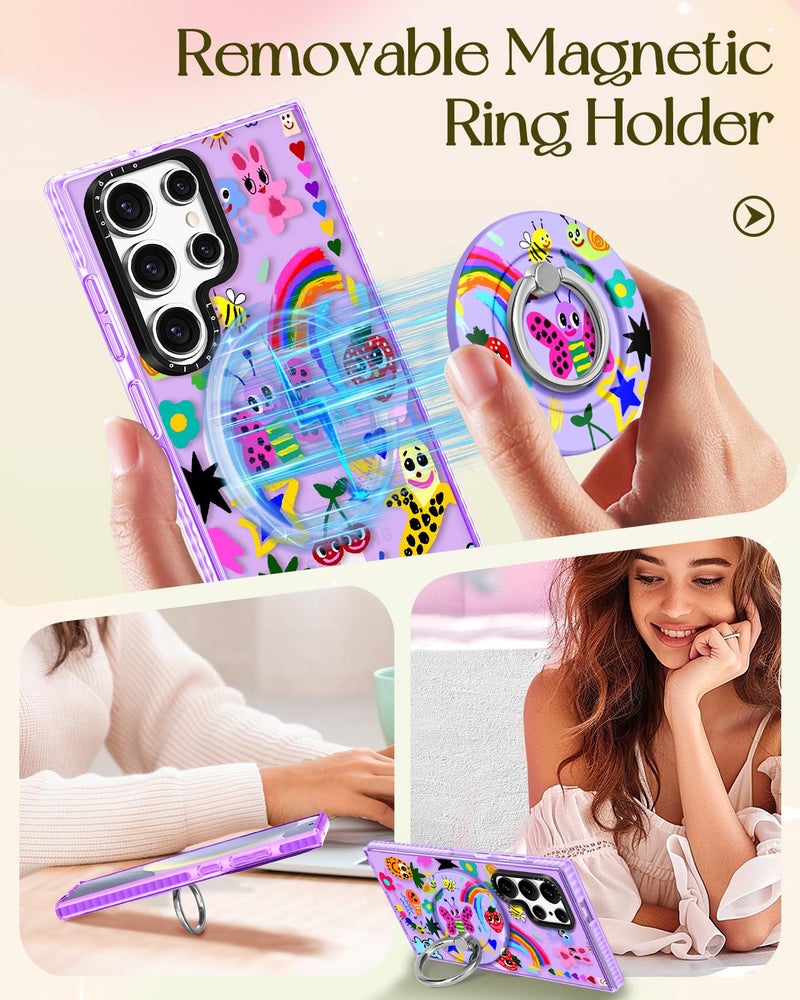 Lotadilo Cute Case for Samsung Galaxy S25 Ultra for Women Girls - Funny Crayon Drawing Design Compatible with Magsafe Magnetic Ring Holder Kickstand Fashion TPU Phone Covers - Image 4