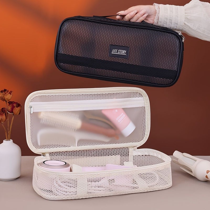 Beige Mesh Hair Dryer Storage Bag Large Capacity Soft Breathable Anti Deform - Image 2