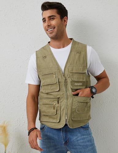 Gihuo Men's Fishing Vest Casual Utility Travel Safari Cargo Outdoor Work Photo Fly Vest Jacket with Multi Pockets (L, Beige) - Image 2