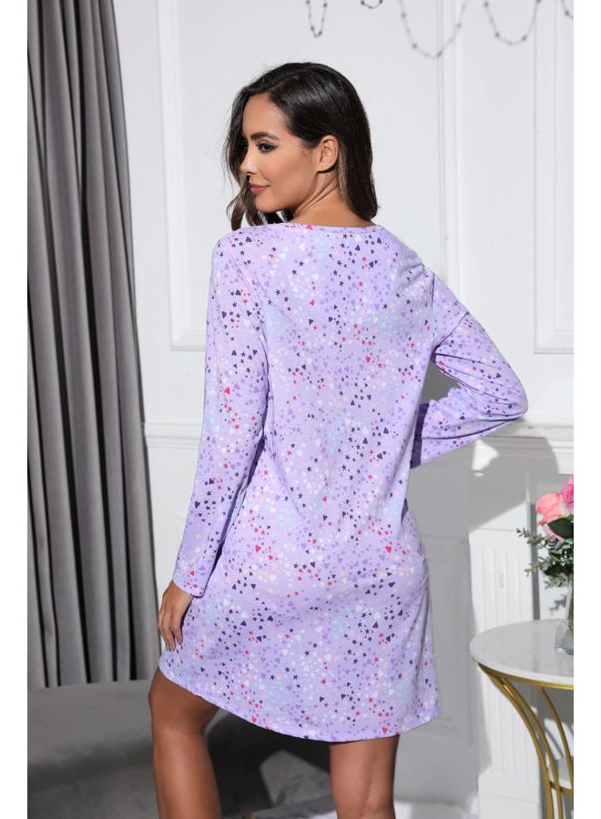 PNAEONG Women's Cotton Sleepwear Long Sleeves Nightgown Print Tee Sleep Dress, Long Purple, XL - Image 5