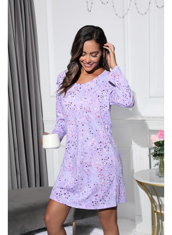 PNAEONG Women's Cotton Sleepwear Long Sleeves Nightgown Print Tee Sleep Dress, Long Purple, XL - Image 2