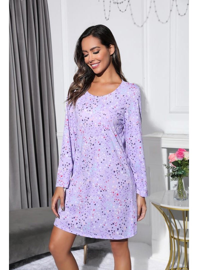 PNAEONG Women's Cotton Sleepwear Long Sleeves Nightgown Print Tee Sleep Dress, Long Purple, XL - Image 3