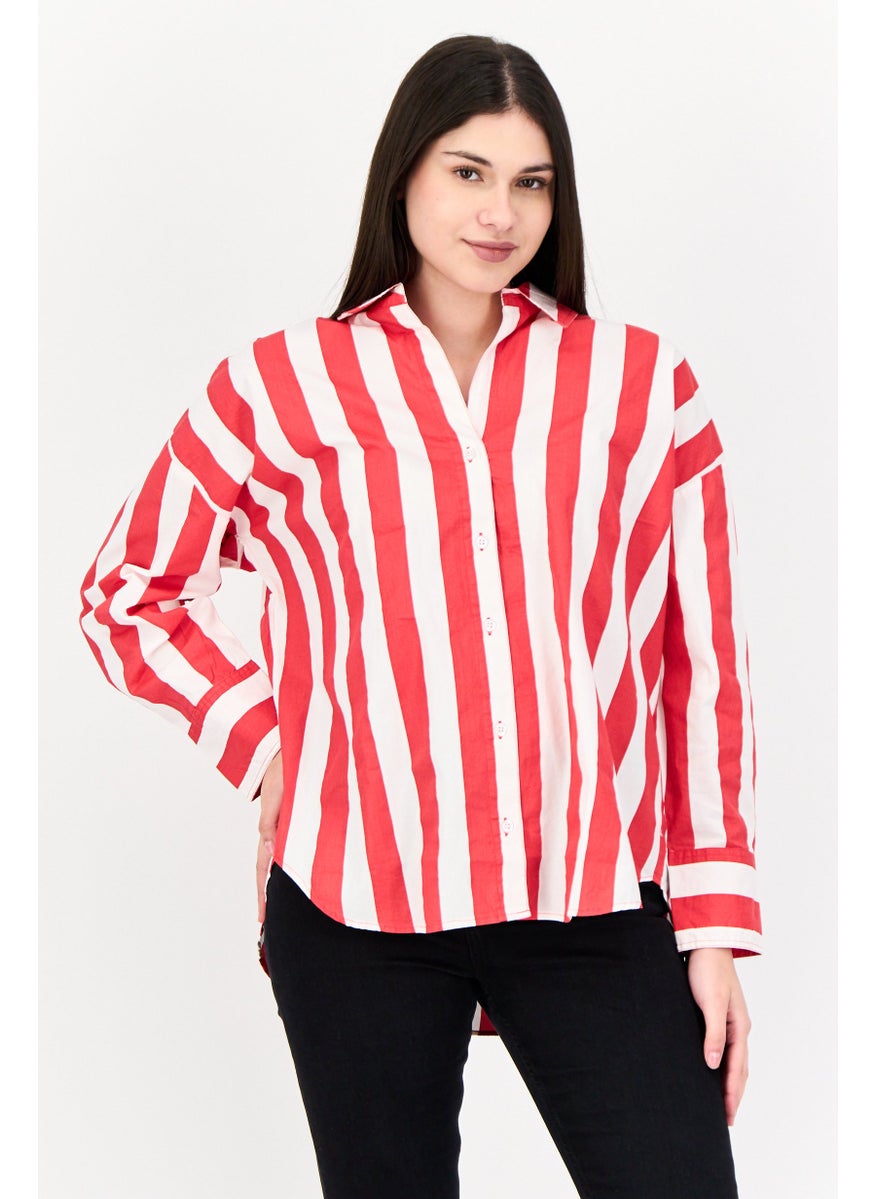 Kathy Ireland Women Pointed Collar Striped Long Sleeve Shirt, Multicolor  - Image 1