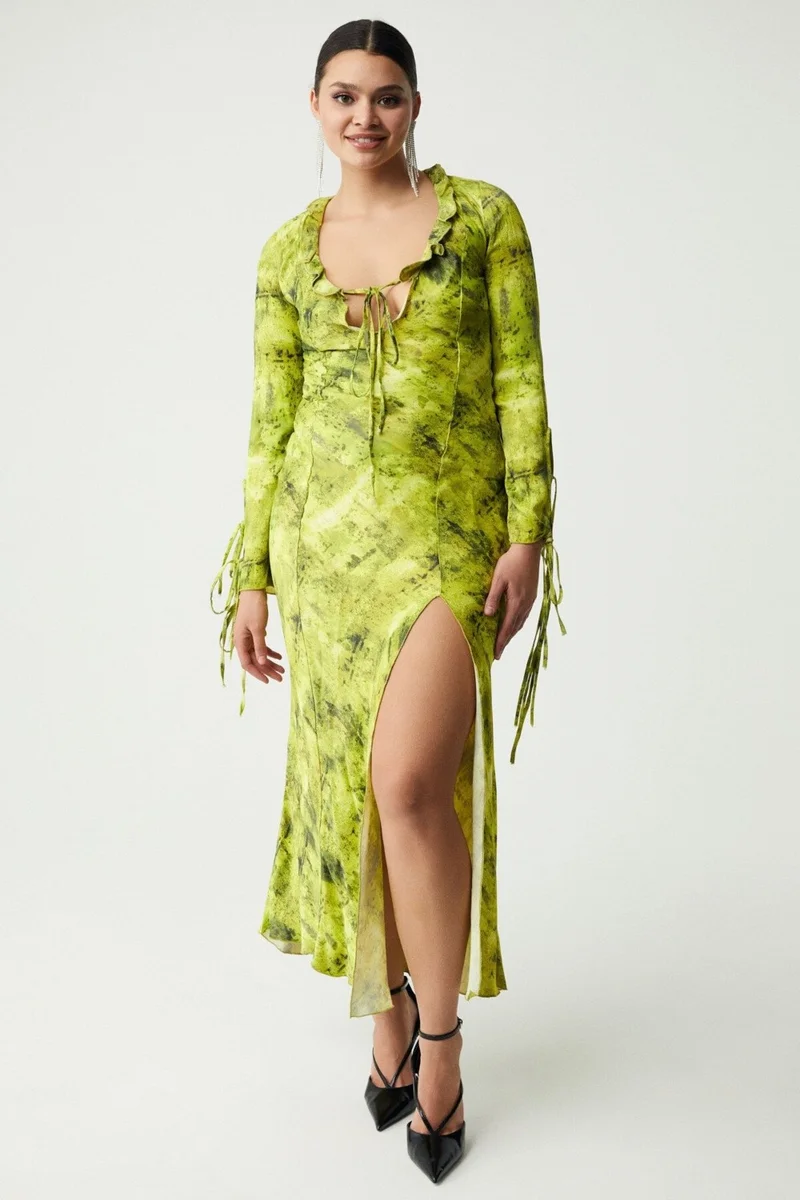GRIMELANGE Francy Women's Patterned Front Tie Long Sleeve Deep V Neck Patterned Dress