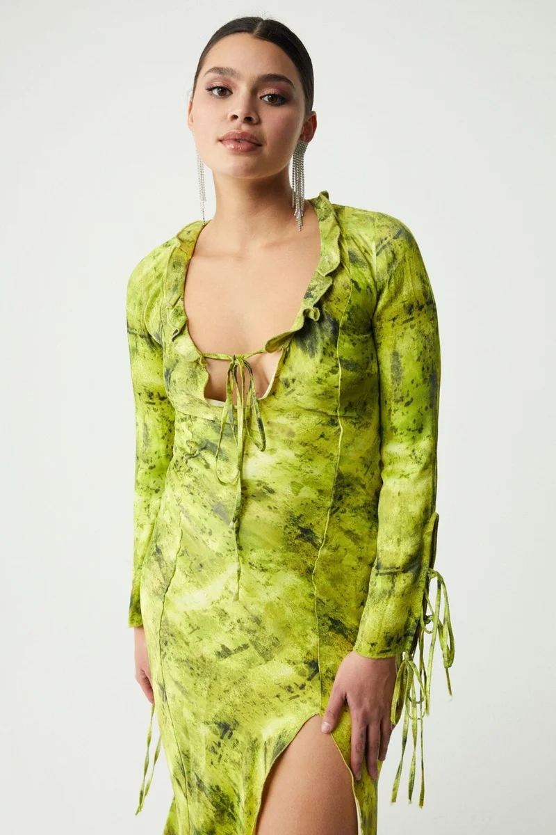GRIMELANGE Francy Women's Patterned Front Tie Long Sleeve Deep V Neck Patterned Dress