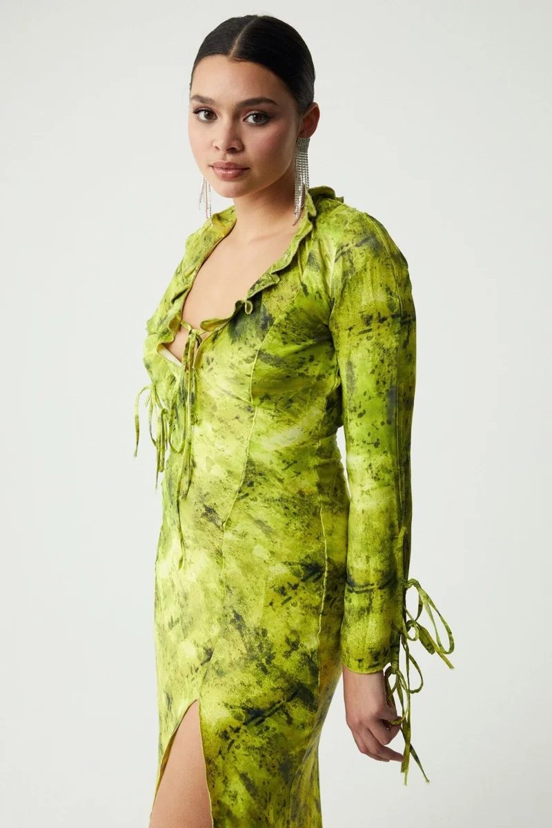 GRIMELANGE Francy Women's Patterned Front Tie Long Sleeve Deep V Neck Patterned Dress