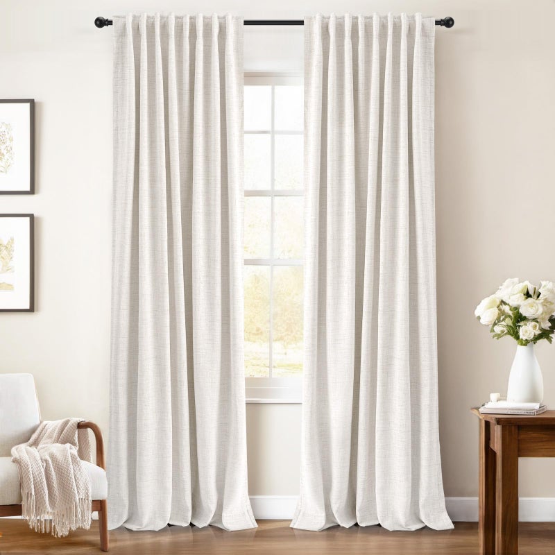 INOVADAY 100% Blackout Curtains 90 Inches Length 2 Panels Set, Back Tab/Rod Pocket Linen Black Out Curtains for Bedroom, Thermal Insulated Window Drapes - Beige, W50 X L90 - Image 1