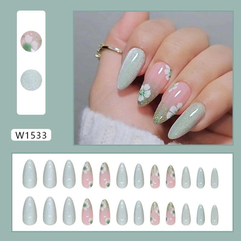 CTTHNBD Almond Press on Nails Medium Green With Cute Flower Design - Full Cover Glossy Acrylic for Christmas - 24Pcs Artificial Manicure Set for Women - Image 2