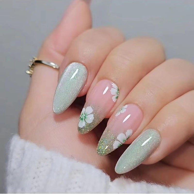 CTTHNBD Almond Press on Nails Medium Green With Cute Flower Design - Full Cover Glossy Acrylic for Christmas - 24Pcs Artificial Manicure Set for Women - Image 1