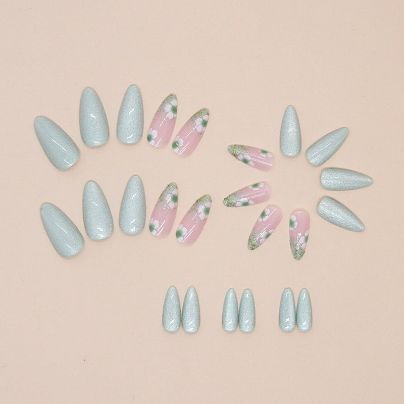 CTTHNBD Almond Press on Nails Medium Green With Cute Flower Design - Full Cover Glossy Acrylic for Christmas - 24Pcs Artificial Manicure Set for Women - Image 3