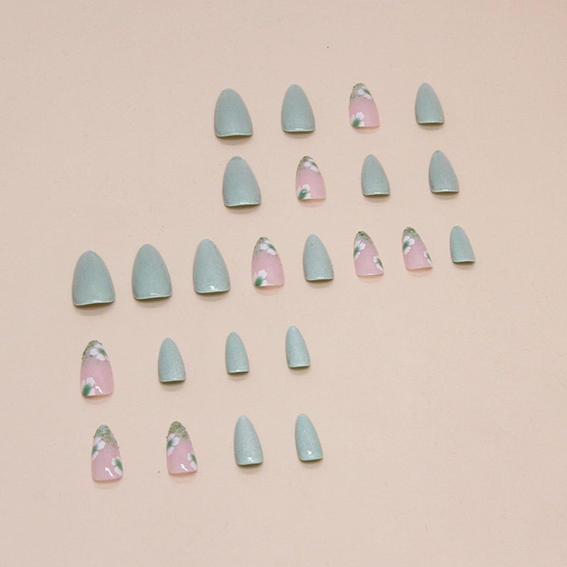 CTTHNBD Almond Press on Nails Medium Green With Cute Flower Design - Full Cover Glossy Acrylic for Christmas - 24Pcs Artificial Manicure Set for Women - Image 4