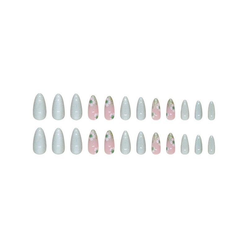 CTTHNBD Almond Press on Nails Medium Green With Cute Flower Design - Full Cover Glossy Acrylic for Christmas - 24Pcs Artificial Manicure Set for Women - Image 5