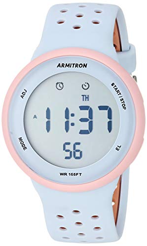 Armitron Sport Unisex 40/8423PPB Light Pink Accented Digital Chronograph Light Blue and Tan Perforated Silicone Strap Watch - Image 1