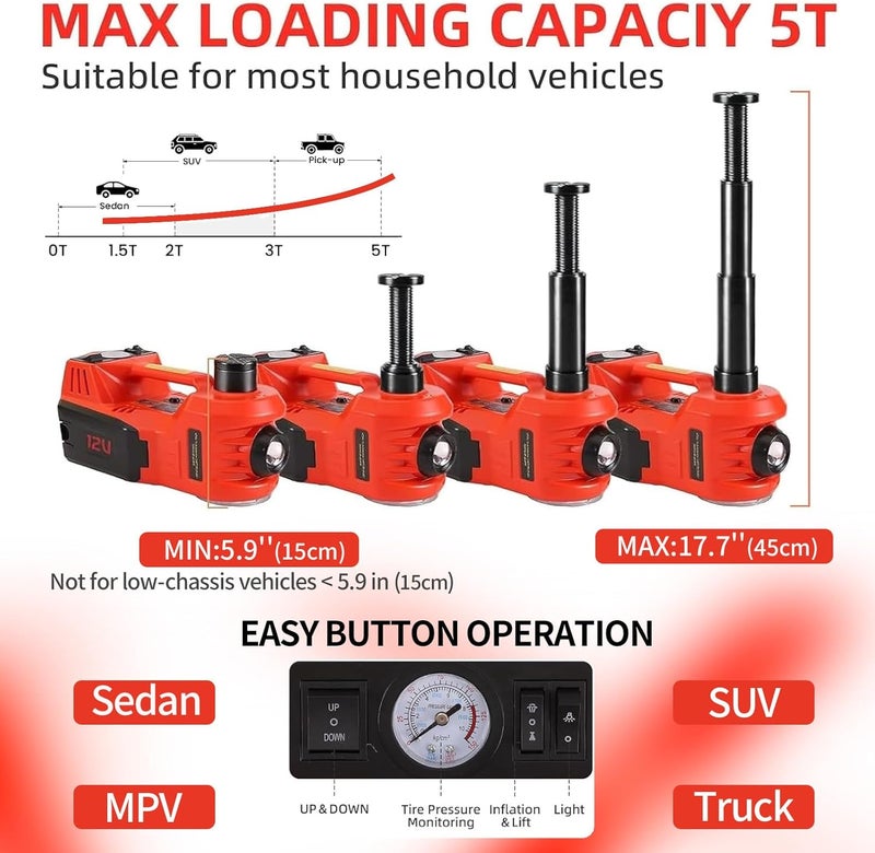 ROGTZ Electric Hydraulic Car Jack Kit 5 Ton 12V Portable Lift Range 17.7 Inch with Impact Wrench and Tire Inflator Pump for SUV Sedan Truck Car Repair Floor Jack for Vehicle Tire Change with LED Light - Image 2