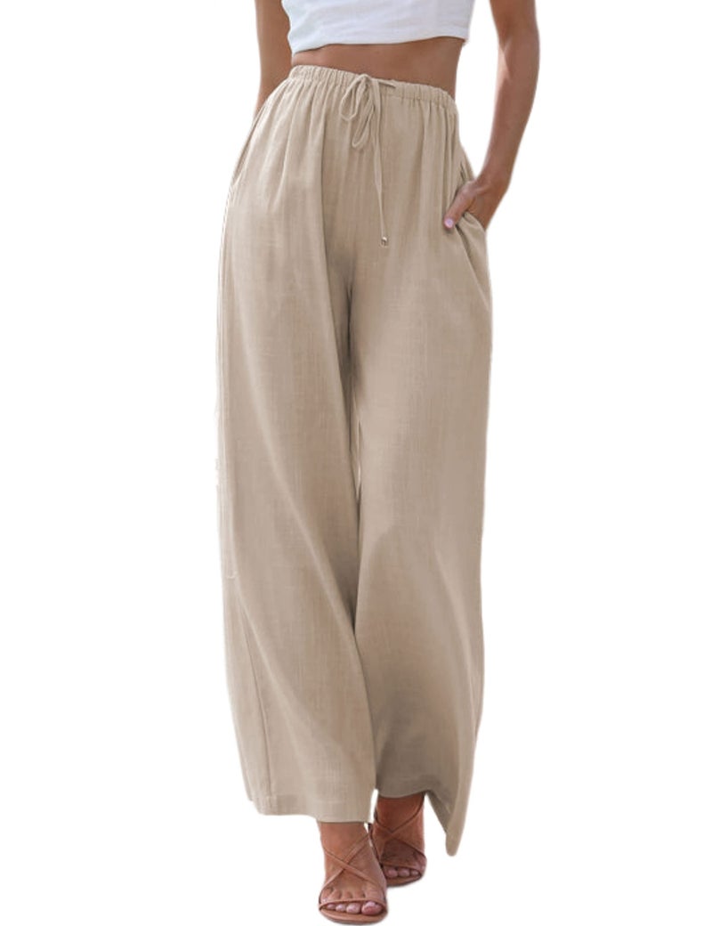 Tanming Wide Leg Linen Pants for Women Summer Flowy High Waisted Beach Palazzo Trousers (Khaki-M) - Image 1