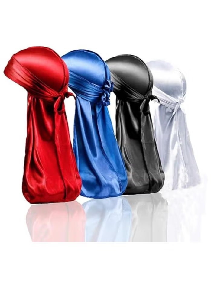 مجموعة من 4 قطع من أغطية الرأس الحريرية للرجال والنساء، بتصميم مموج 360 درجة، عبوة من أغطية الرأس الحريرية، أغطية رأس حريرية من الساتان ذات أطراف طويلة للغاية - Image 1