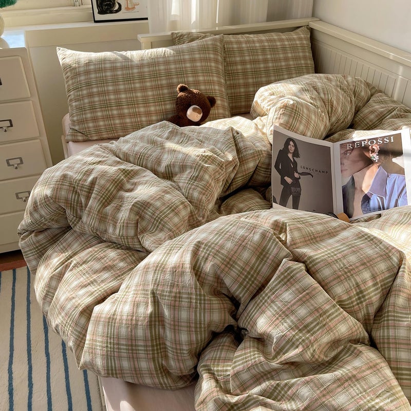 mixinni Twin Size Duvet Cover Set - 3 Piece Washed Cotton Vintage Geometric Plaid Bedding Set with Zipper Closure, Soft & Breathable Green Pink White Buffalo Check Pattern for All Seasons - Image 1