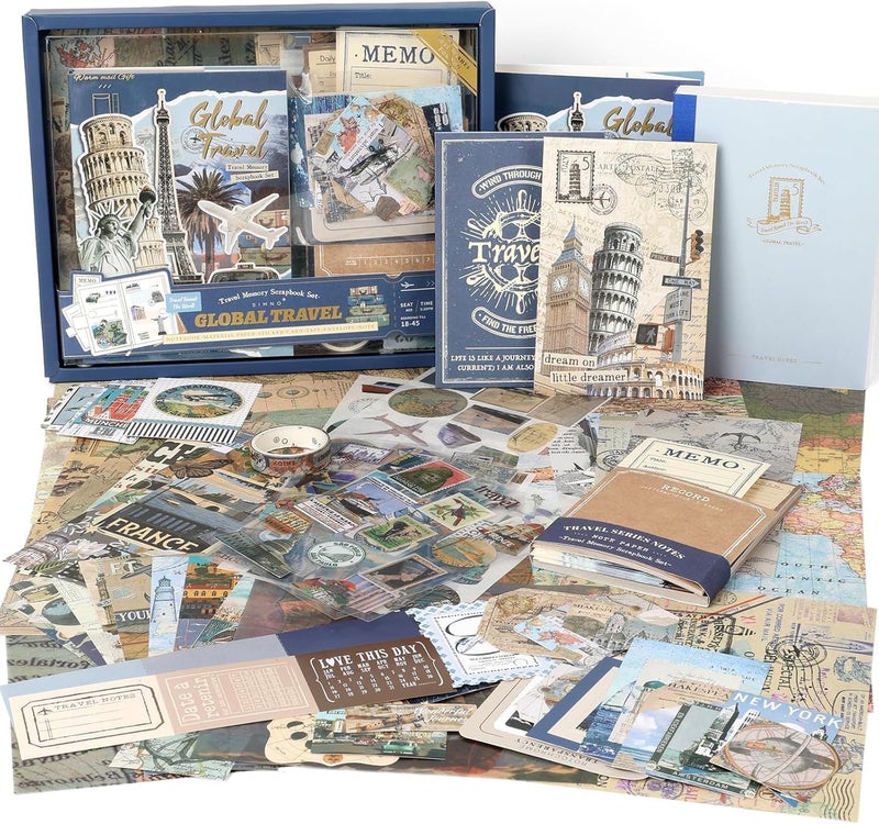 GKN Scrapbook Kit 346 Pcs – Vintage Journal & Art Journaling Supplies, DIY Stickers, Planner & Craft Kit, Aesthetic Collage Album (Blue Global Travel) - Image 1