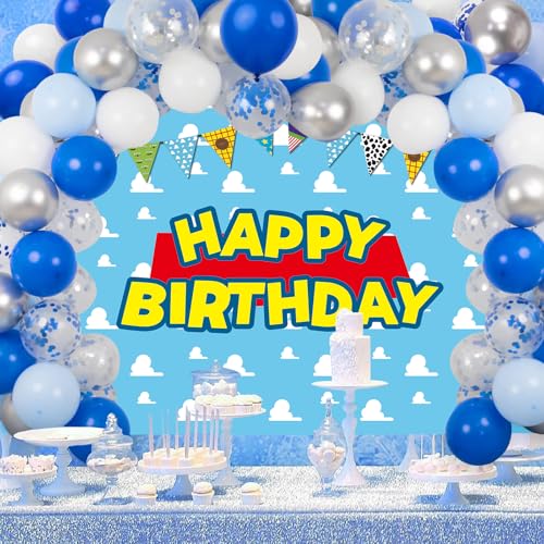 QIEXI Toy Inspired Story Birthday Backdrop Infinity and Beyond Blue Sky White Cloud Banner Cartoon Story for Kids Party Decorative Supplies Cake Table Background Decorations 7x5ft - Image 4