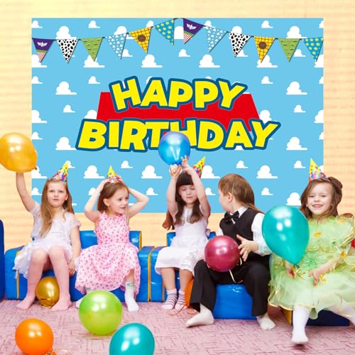 QIEXI Toy Inspired Story Birthday Backdrop Infinity and Beyond Blue Sky White Cloud Banner Cartoon Story for Kids Party Decorative Supplies Cake Table Background Decorations 7x5ft - Image 5