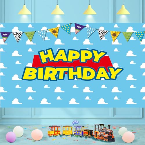 QIEXI Toy Inspired Story Birthday Backdrop Infinity and Beyond Blue Sky White Cloud Banner Cartoon Story for Kids Party Decorative Supplies Cake Table Background Decorations 7x5ft - Image 1