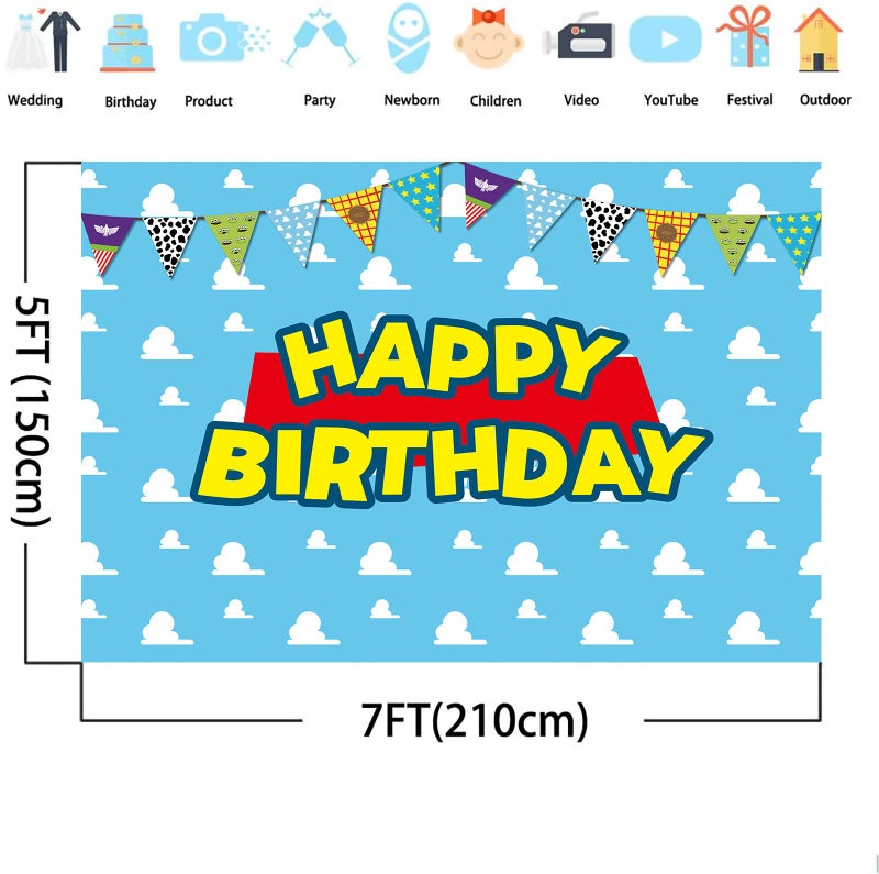 QIEXI Toy Inspired Story Birthday Backdrop Infinity and Beyond Blue Sky White Cloud Banner Cartoon Story for Kids Party Decorative Supplies Cake Table Background Decorations 7x5ft - Image 2