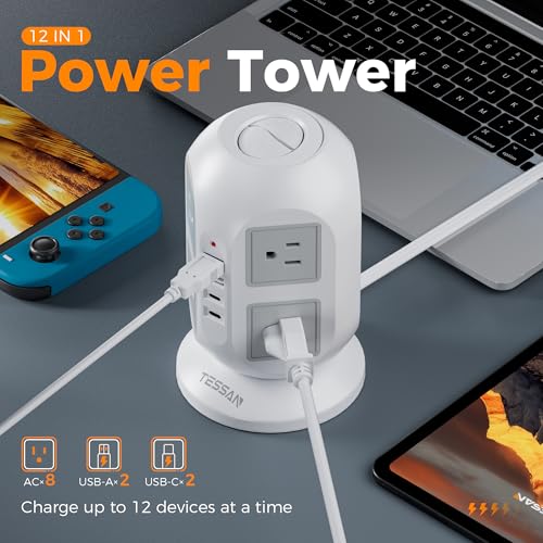 TESSAN Tower Power Strip, Surge Protector 10 FT Cord, TESSAN Flat Plug Extension Cord with Multiple Outlets, 8 AC Outlets with 4 USB Ports (2 USB C), Charging Station with Surge Protection, for Office Dorm - Image 2