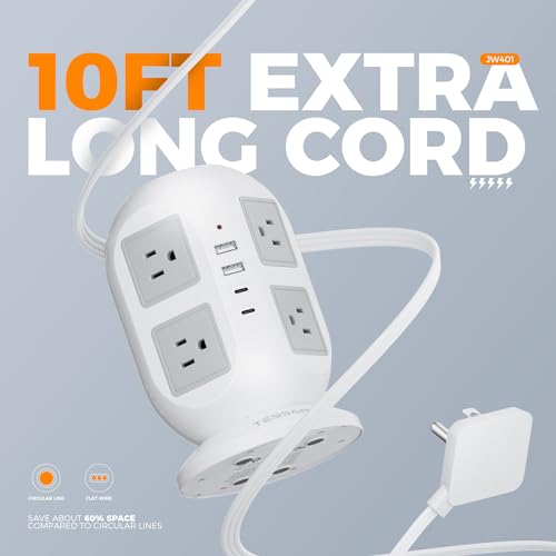 TESSAN Tower Power Strip, Surge Protector 10 FT Cord, TESSAN Flat Plug Extension Cord with Multiple Outlets, 8 AC Outlets with 4 USB Ports (2 USB C), Charging Station with Surge Protection, for Office Dorm - Image 3