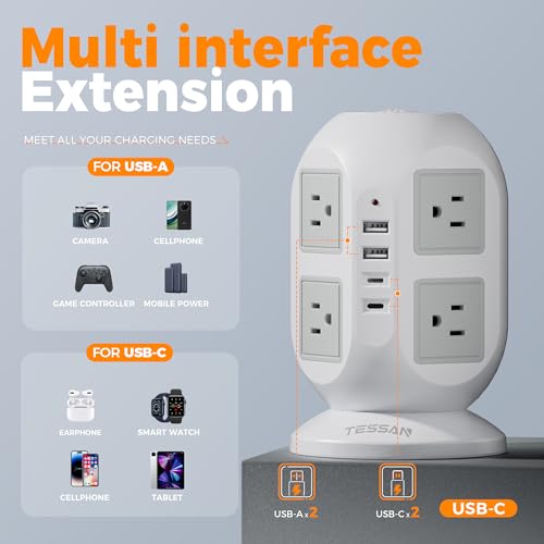 TESSAN Tower Power Strip, Surge Protector 10 FT Cord, TESSAN Flat Plug Extension Cord with Multiple Outlets, 8 AC Outlets with 4 USB Ports (2 USB C), Charging Station with Surge Protection, for Office Dorm - Image 5
