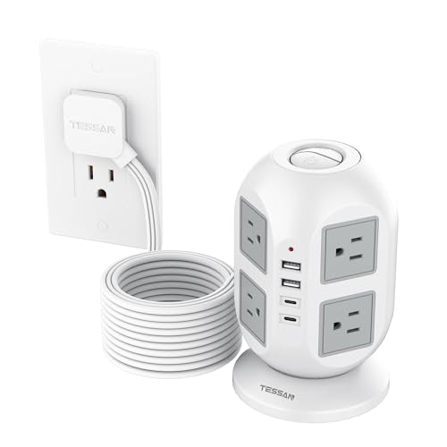 TESSAN Tower Power Strip, Surge Protector 10 FT Cord, TESSAN Flat Plug Extension Cord with Multiple Outlets, 8 AC Outlets with 4 USB Ports (2 USB C), Charging Station with Surge Protection, for Office Dorm - Image 1
