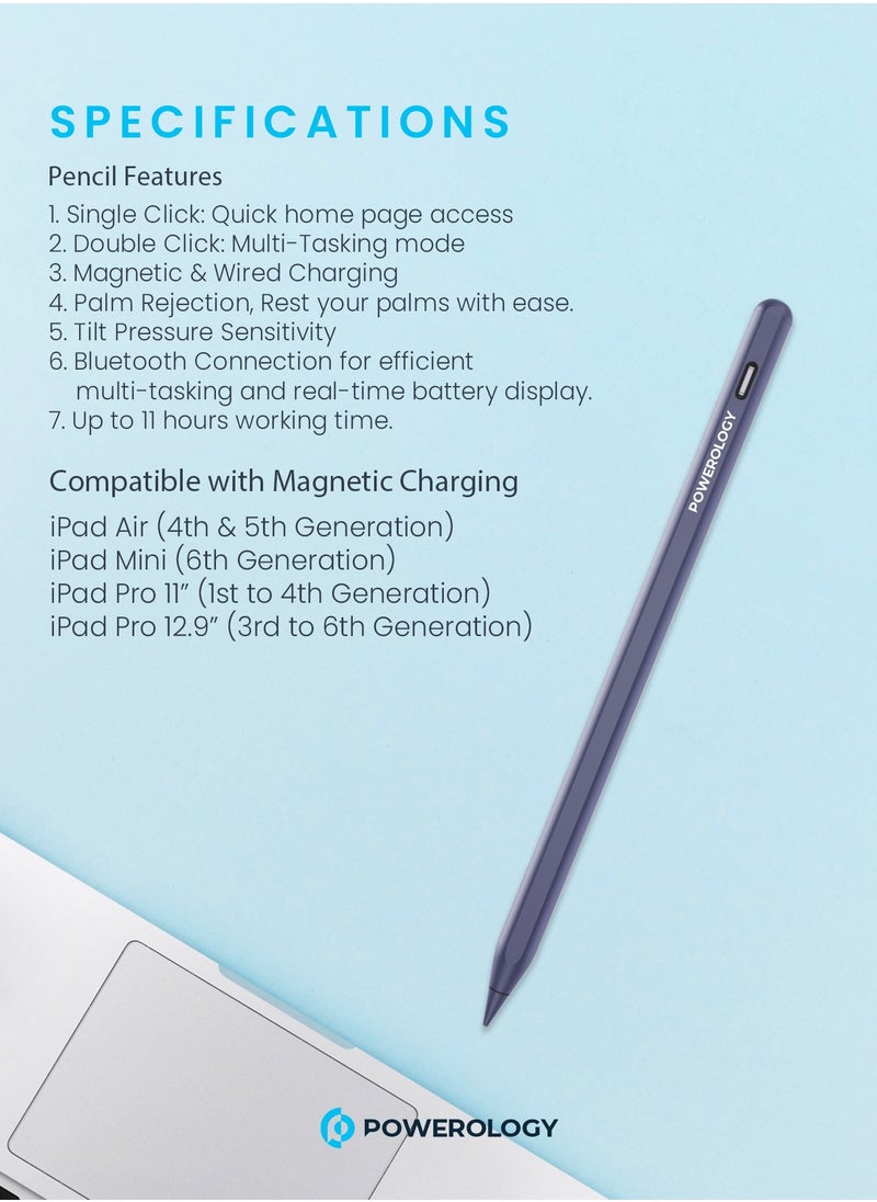 Powerology - Smart Apple iPad Pencil Stylus Pen for iPad 10/9/8/7/6, iPad Pro 11/12.9, iPad Air 5/4/3, iPad Mini 6/5 - Blue - Image 1