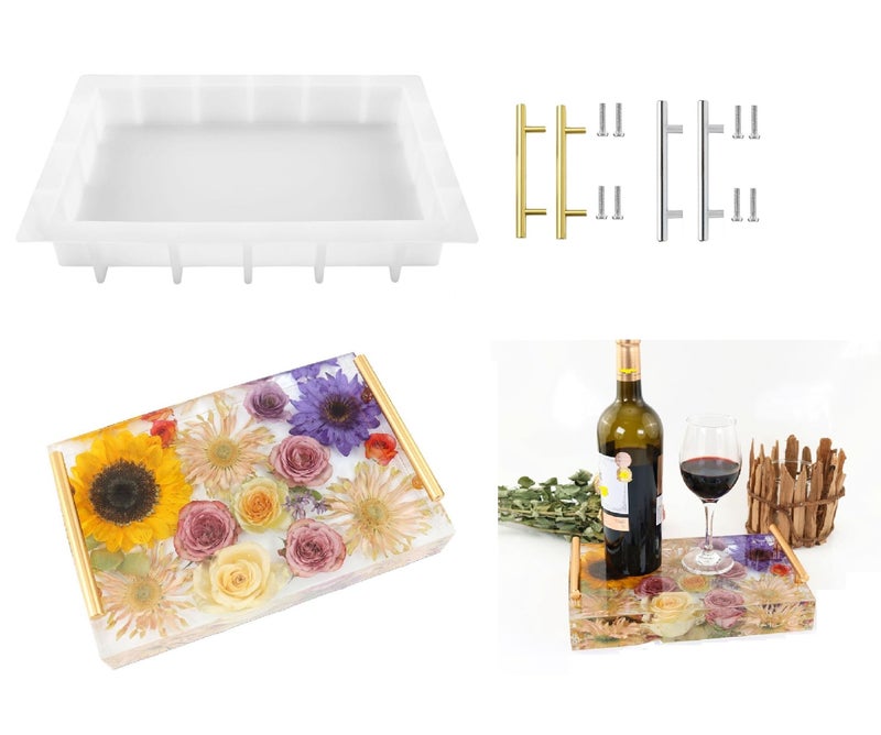 Resin Tray Molds Silicone 135 Large Rectangle Deep Tray Resin Mold  Gold and Silver Handle Shiny Silicone Tray Board Table Mold for Resin Floral Preservation Bouquet Resin Mold