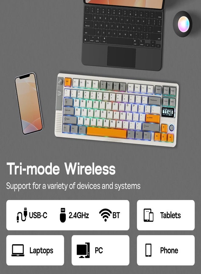 ابوماكر لوحة مفاتيح ميكانيكية لاسلكية EPOMAKER RT85 مع عصا تحكم وشاشة قابلة للتخصيص، بطارية 8000 مللي أمبير، بلوتوث/USB/2.4 جيجاهرتز، قابلة للتبديل السريع، أغطية مفاتيح PBT، حشية مانعة للتسرب، لوحة مفاتيح ألعاب 75%، تصميم QWERTY أمريكي (أبيض كلاسيكي، تصميم خطي بلون الوستارية) - Image 5