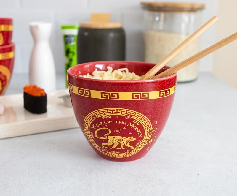 Boom Trendz Year Of The Monkey Chinese Zodiac Ceramic Dinnerware Set  Includes 16Ounce Ramen Noodle Bowl and Wooden Chopsticks Asian Food Dish For Home  Kitchen Kawaii Lunar New Gifts red One Size - Image 5