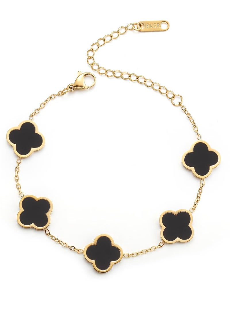 إيليلي سوار حظ مطلي بالذهب عيار 18 قيراطًا على شكل زهرة البرسيم للنساء، أساور على شكل أربع أوراق متصلة باللون الأبيض/الأسود/الأحمر/الأخضر، مجوهرات عصرية هدايا للنساء والفتيات المراهقات - Image 1