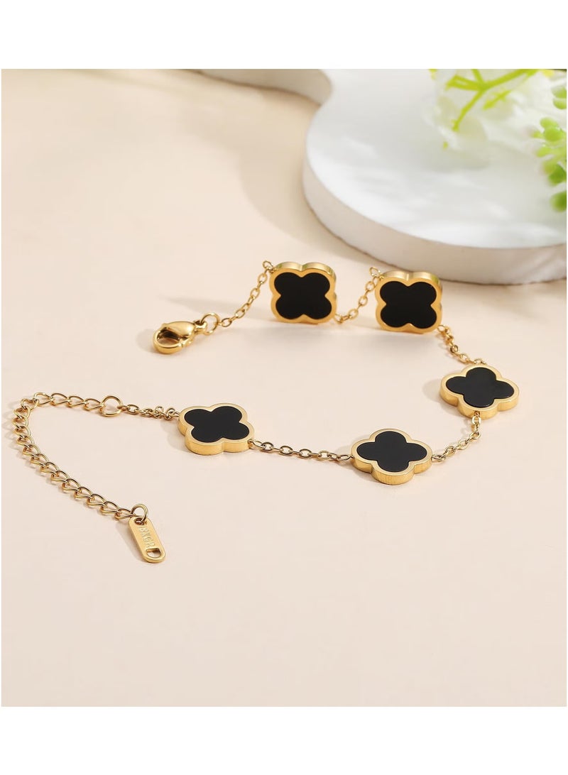 إيليلي سوار حظ مطلي بالذهب عيار 18 قيراطًا على شكل زهرة البرسيم للنساء، أساور على شكل أربع أوراق متصلة باللون الأبيض/الأسود/الأحمر/الأخضر، مجوهرات عصرية هدايا للنساء والفتيات المراهقات - Image 3