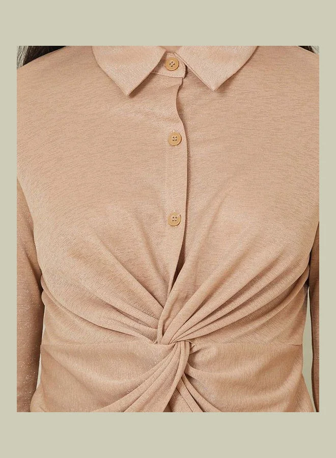 Styli Long Sleeves Front Twist Detail Knit Collared Top