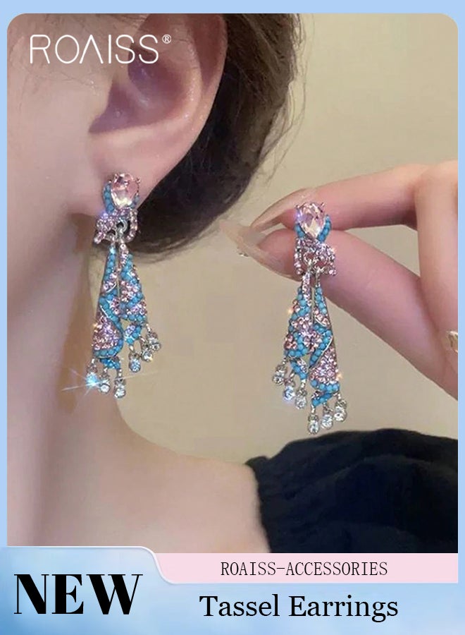 رويس قطعتان من أقراط الكريستال الحريرية الفاخرة، أقراط أنيقة وبسيطة مزينة بأحجار الراين، إكسسوارات مجوهرات مثالية للخطوبة وحفلات الزفاف والحفلات - Image 1