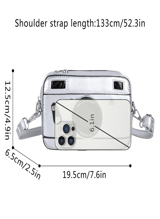 Felite Fnn Women Camera Shaped Crossbody Handbag Vintage PU Leather Shoulder Bag, Silver - Image 4