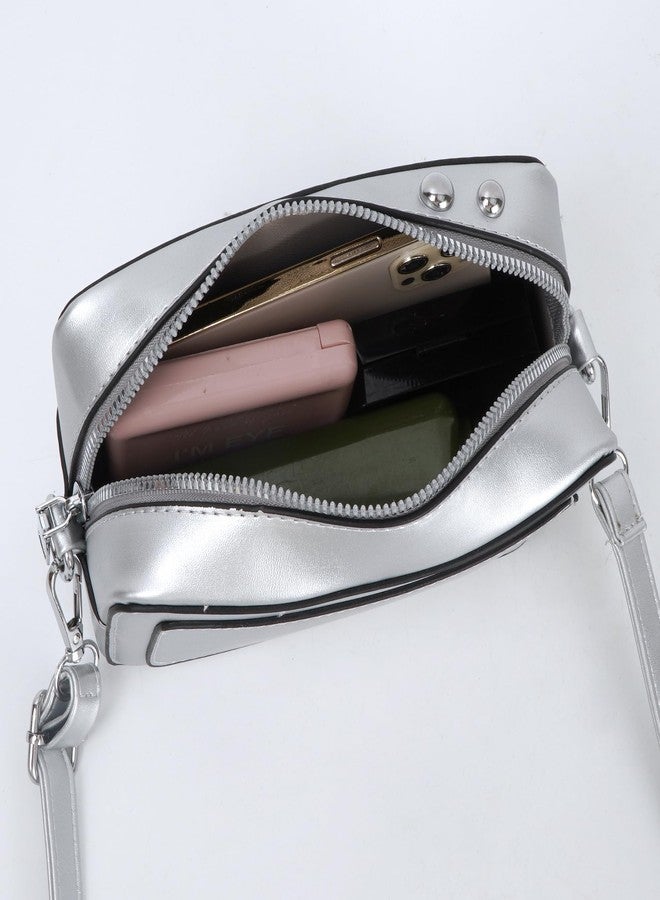 Felite Fnn Women Camera Shaped Crossbody Handbag Vintage PU Leather Shoulder Bag, Silver - Image 5