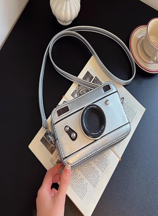 Felite Fnn Women Camera Shaped Crossbody Handbag Vintage PU Leather Shoulder Bag, Silver - Image 2
