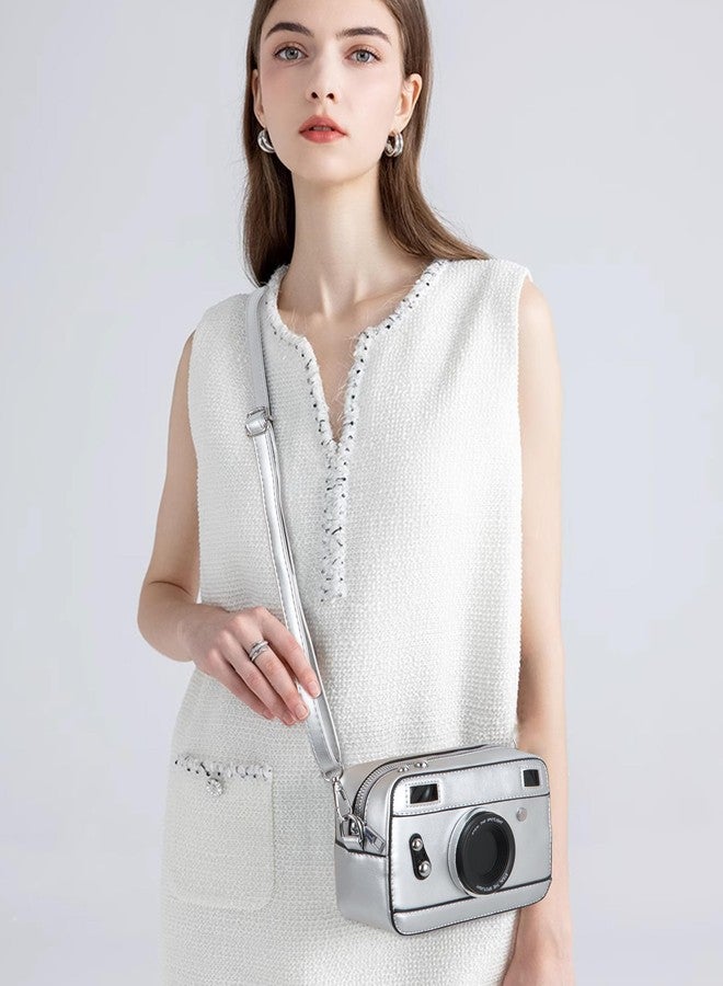 Felite Fnn Women Camera Shaped Crossbody Handbag Vintage PU Leather Shoulder Bag, Silver - Image 3