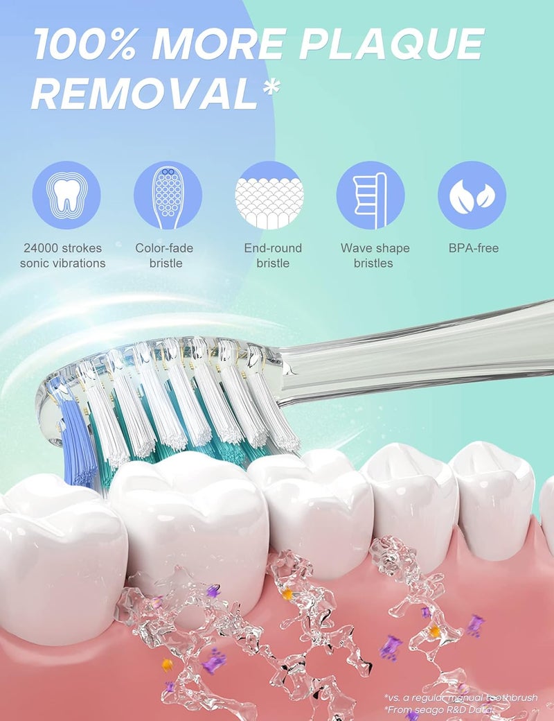 Seago فرشاة أسنان كهربائية للأطفال مع مؤقت فرشاة لمدة 2 دقيقة و 8 رؤوس فرشاة بديلة، ضوء LED قوس قزح يجعل الفرشاة ممتعة، فرشاة تعمل بالبطارية باللون الأزرق للأولاد من 4-12 سنة - Image 3