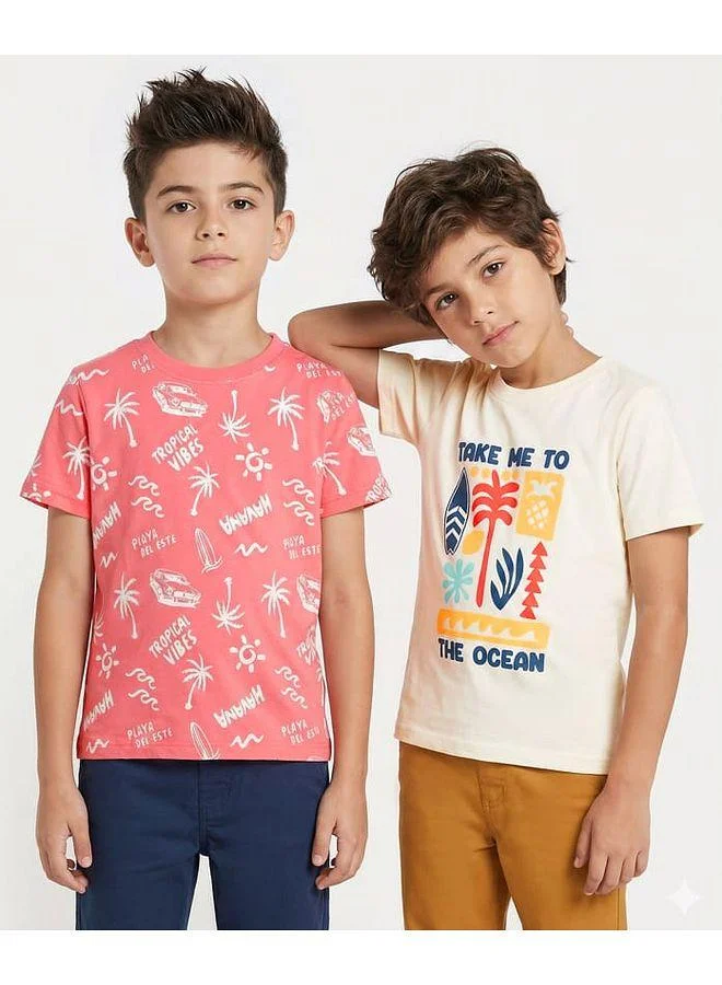 Honeyhap Honeyhap Premium 100% Cotton Knit Half Sleeves T-Shirts with Bio Finish & Tropical Theme Print (Pack of 2) - Cream & Coral