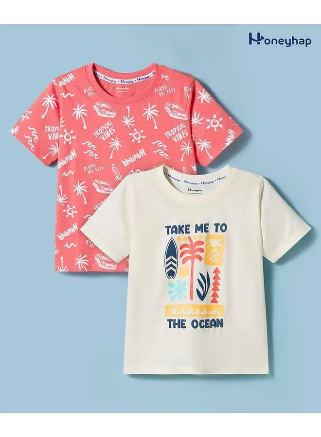 Honeyhap Honeyhap Premium 100% Cotton Knit Half Sleeves T-Shirts with Bio Finish & Tropical Theme Print (Pack of 2) - Cream & Coral