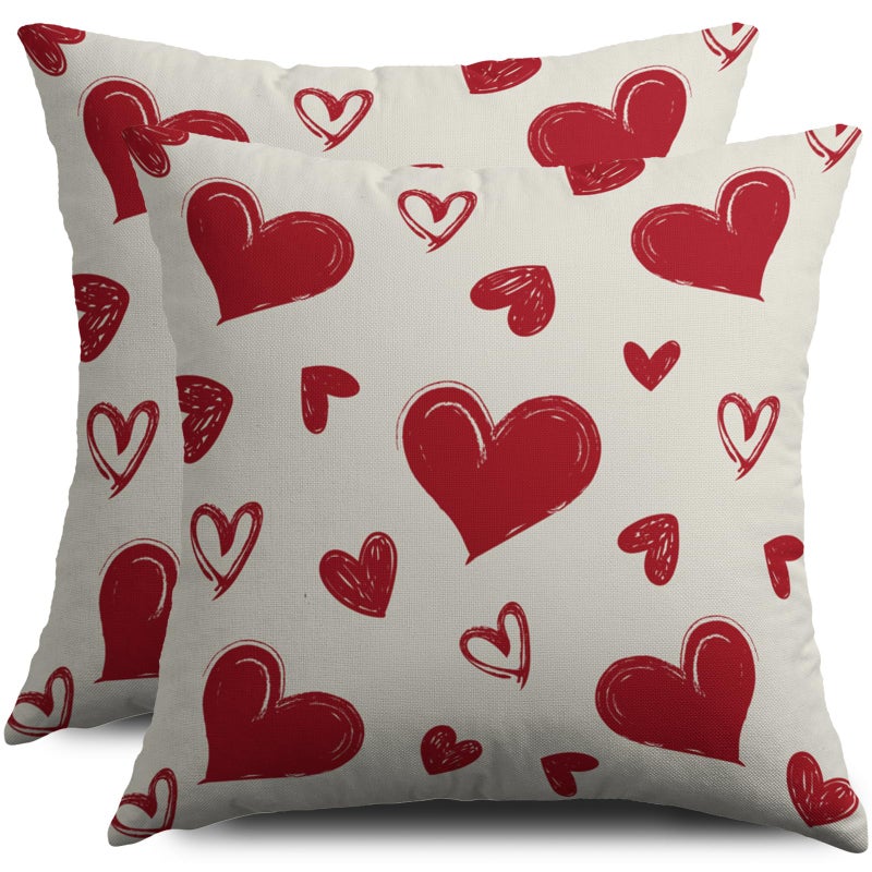 Smozenith Valentine's Day Pillow Covers 18X18 Set of 2, Red Love Heart Valentines Pattern Print Decorative Throw Pillow Covers Outdoor Farmhouse Holiday Decorations Cushion Case Couch Sofa Bed Decor - Image 1