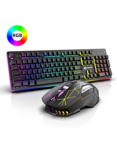 مجموعة لوحة مفاتيح وماوس لاسلكية للألعاب، 12 لونًا من الإضاءة الخلفية RGB Chroma، بطارية قابلة لإعادة الشحن 4200 مللي أمبير في الساعة، إحساس ميكانيكي بمنفذ USB + مستقبل واجهة مزدوجة من النوع C، لوحة مفاتيح ميكانيكية مضادة للظلال + ماوس 2400 نقطة في البوصة للاعبي الكمبيوتر الشخصي، أسود